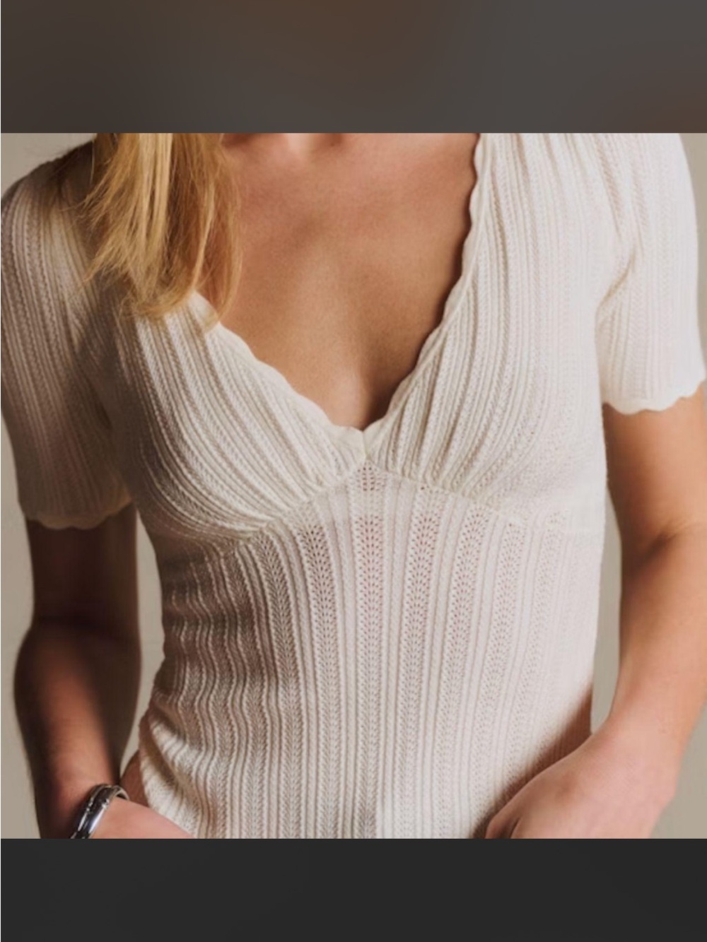 Sézane Cream Ribbed Cloé Jumper V-Neck Short Sleeve Knit Top